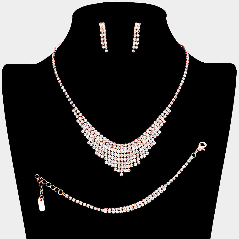 Rose Gold 3 Piece Crystal Fringe Necklace Jewelry Set Rhinestone Paved