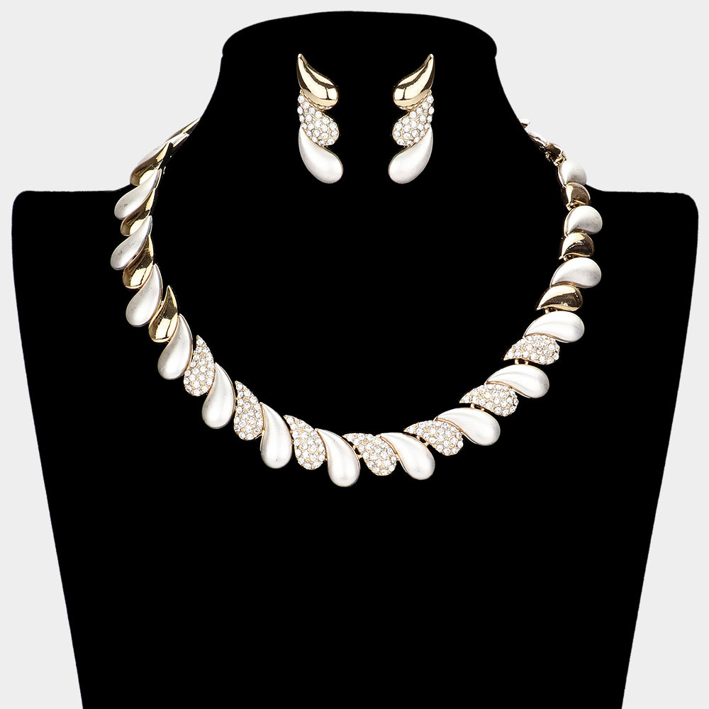 Two Tone Oblique Teardrop Detail Collar Necklace Rhinestone Paved