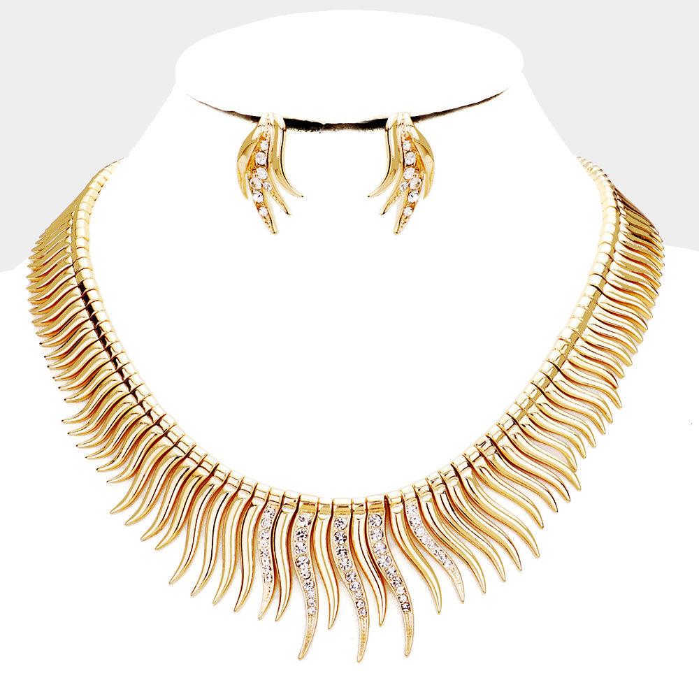 Gold Rhinestone Curved Metal Bar Collar Necklace