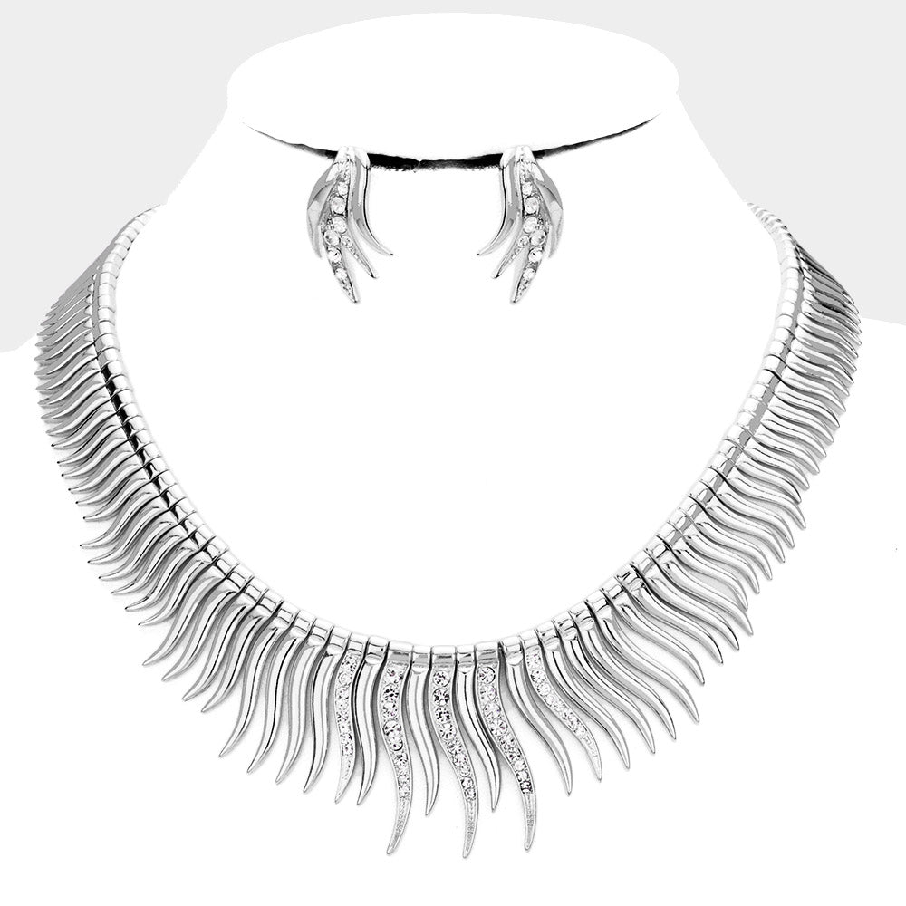 Silver Rhinestone Curved Metal Bar Collar Necklace