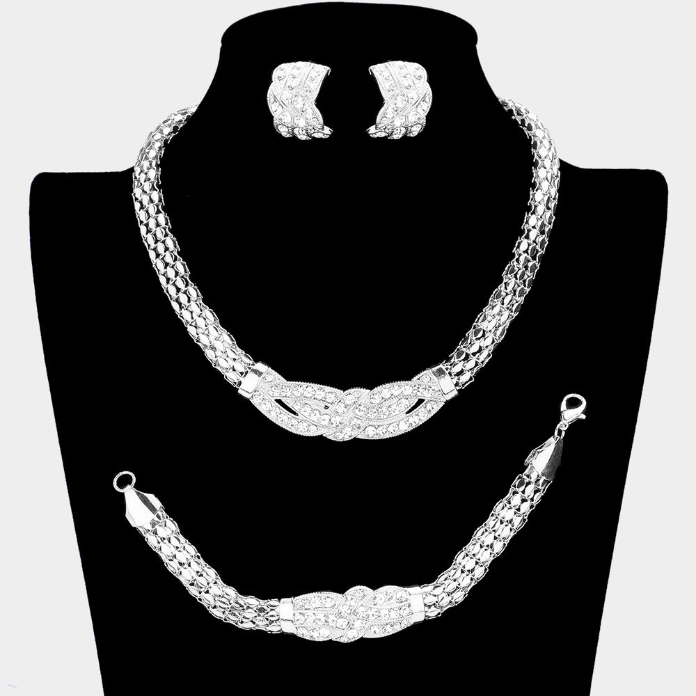 Silver 3 Piece Textured Metal Necklace Jewelry Set Rhinestone Paved