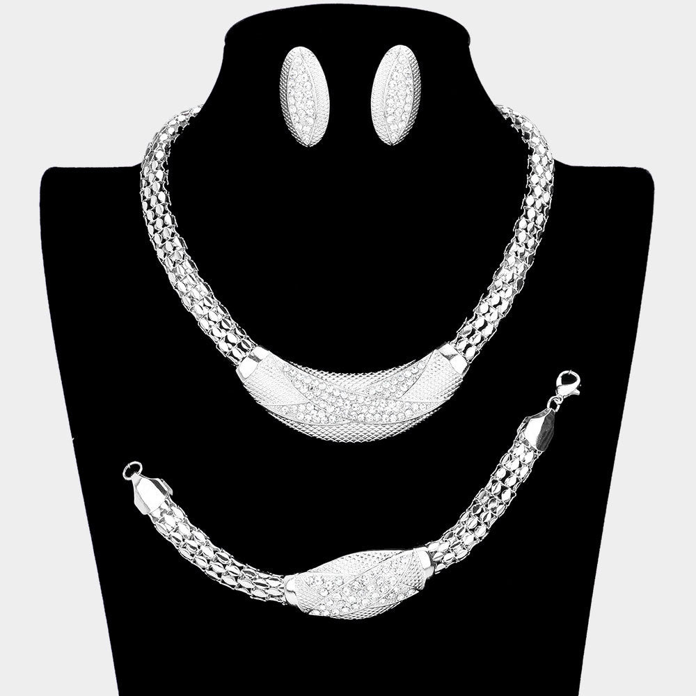 Silver 3 Piece Crystal Rhinestone Snake Chain Necklace Jewelry Set