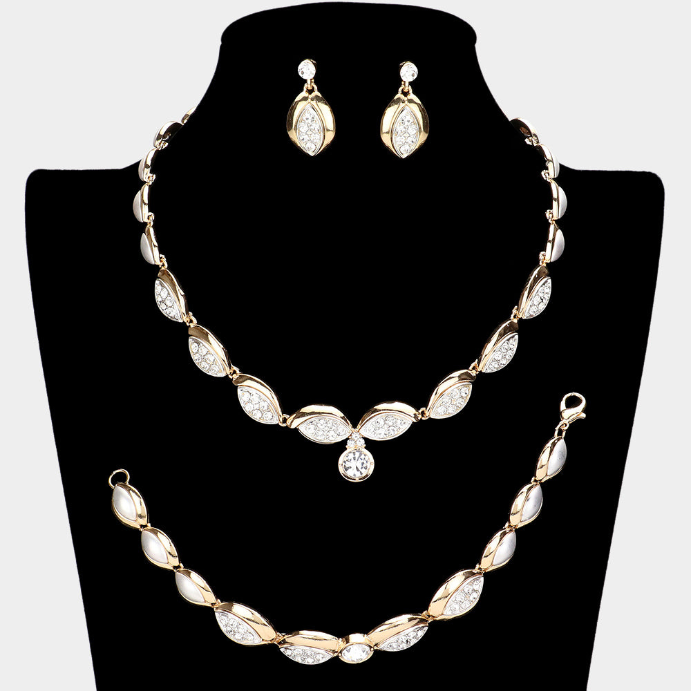 Two Tone 3 Piece Crystal Rhinestone Accented Marquise Necklace Jewelry Set