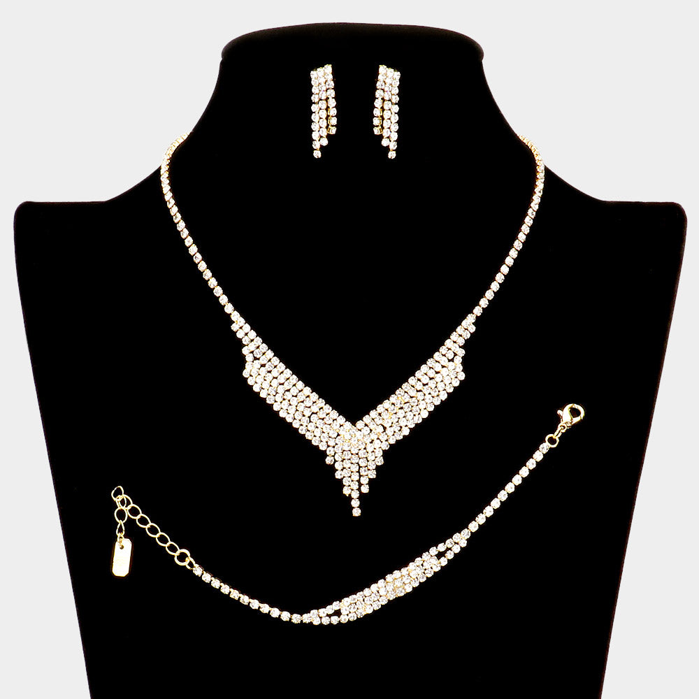 Gold 3 Piece V Shaped Necklace Jewelry Set Rhinestone Paved