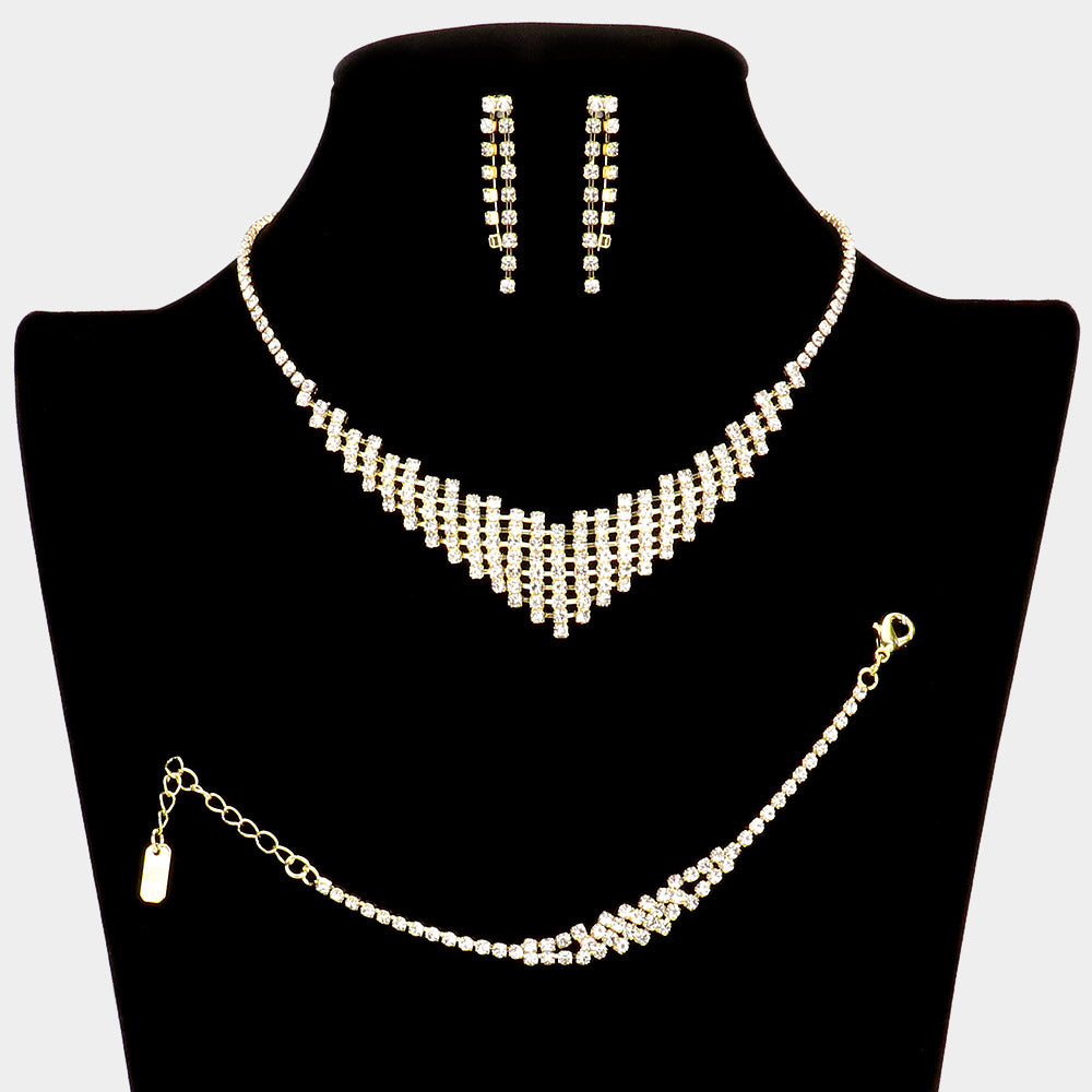 Gold 3 Piece V Shaped Necklace Jewelry Set Rhinestone Paved