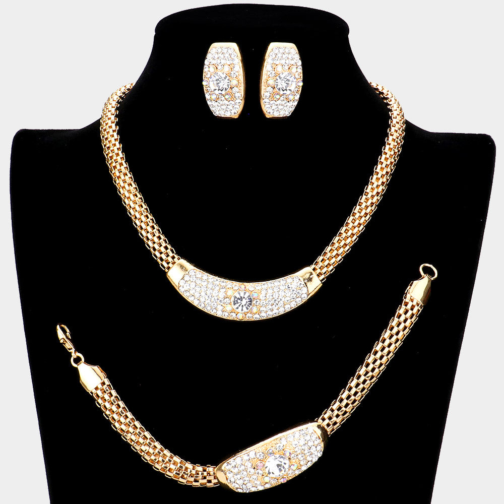 Gold 3 Piece Round Stone Accented Rhinestone Necklace Jewelry Set