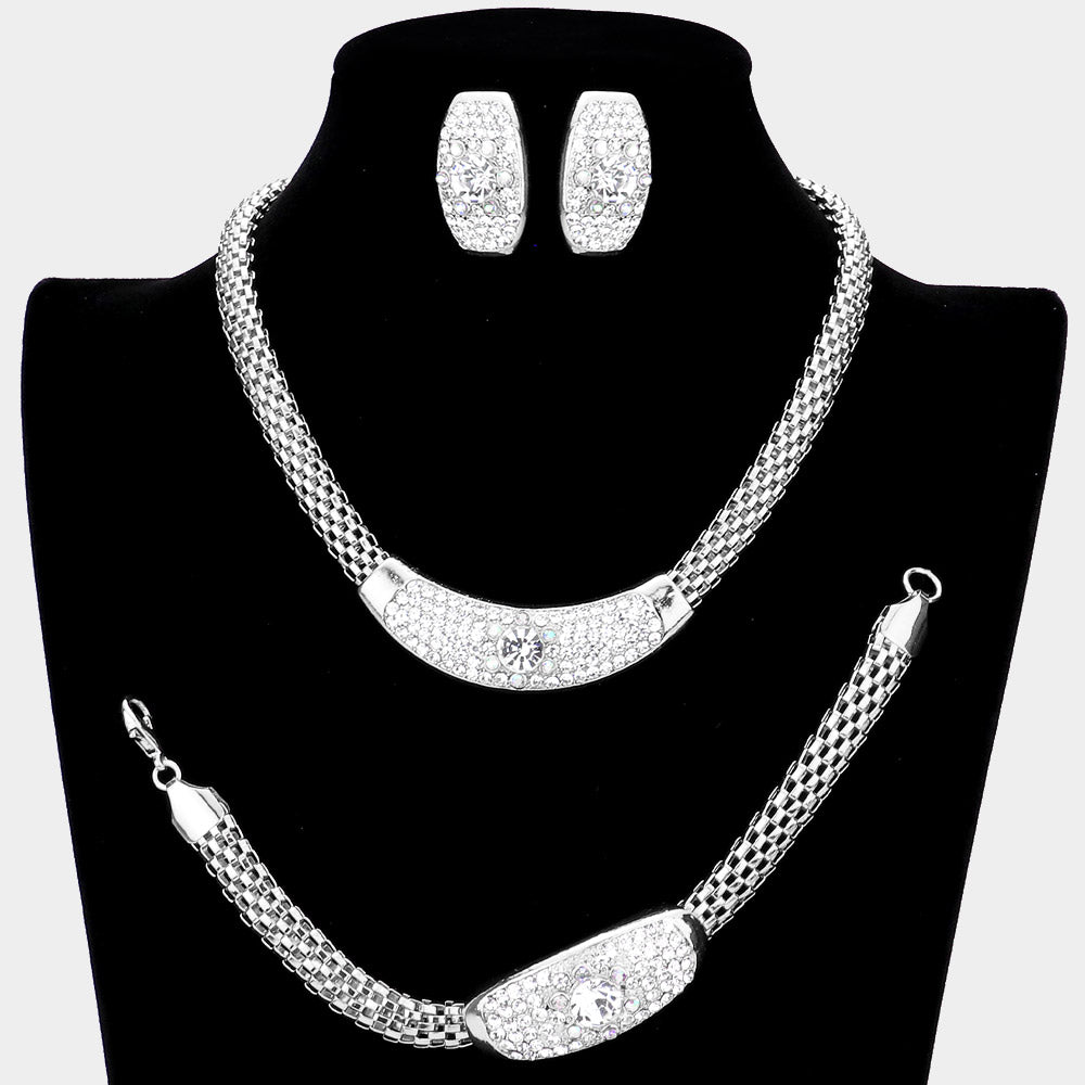 Silver 3 Piece Round Stone Accented Rhinestone Necklace Jewelry Set