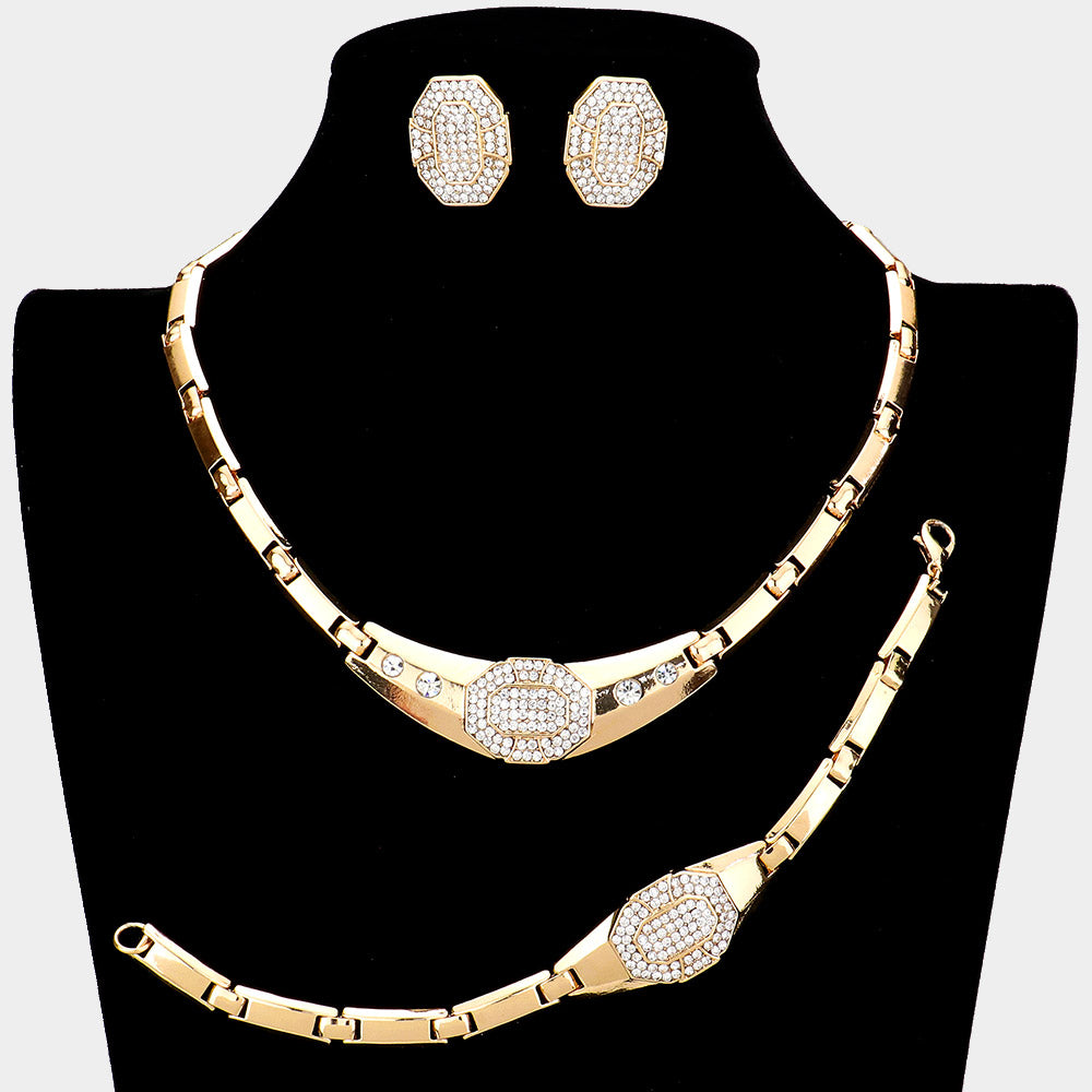 Gold 3 Piece Rhinestone Embellished Necklace Jewelry Set