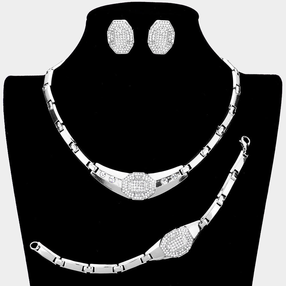 Silver 3 Piece Rhinestone Embellished Necklace Jewelry Set