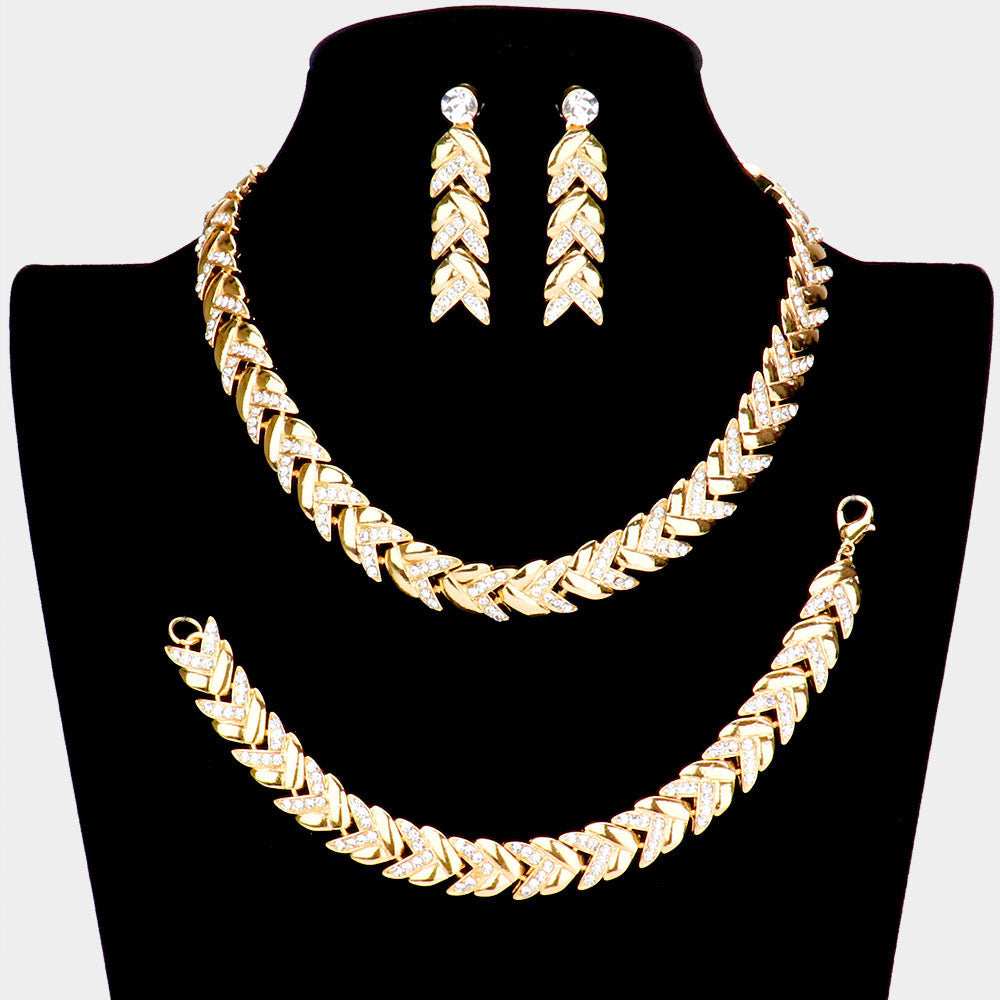 Gold 3 Piece Rhinestone Embellished Chevron Link Necklace Jewelry Set