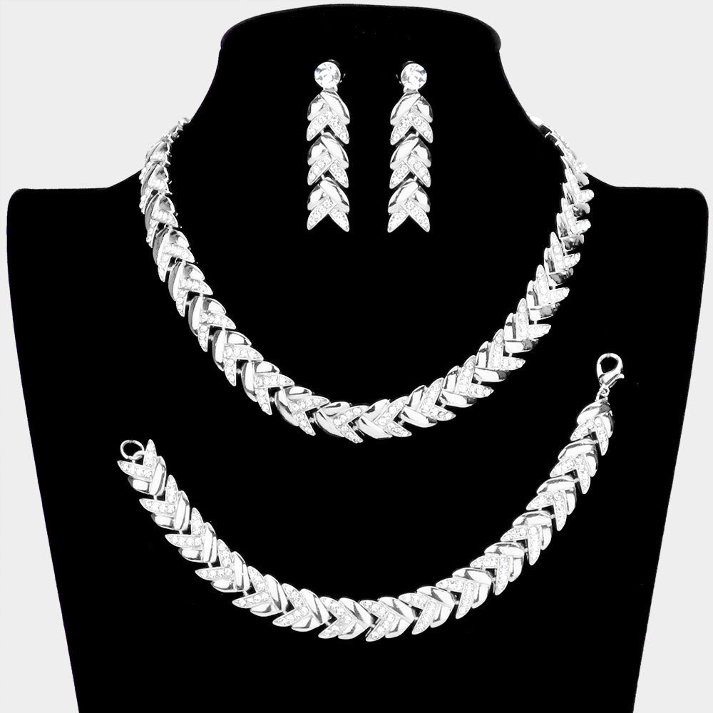 Silver 3 Piece Rhinestone Embellished Chevron Link Necklace Jewelry Set