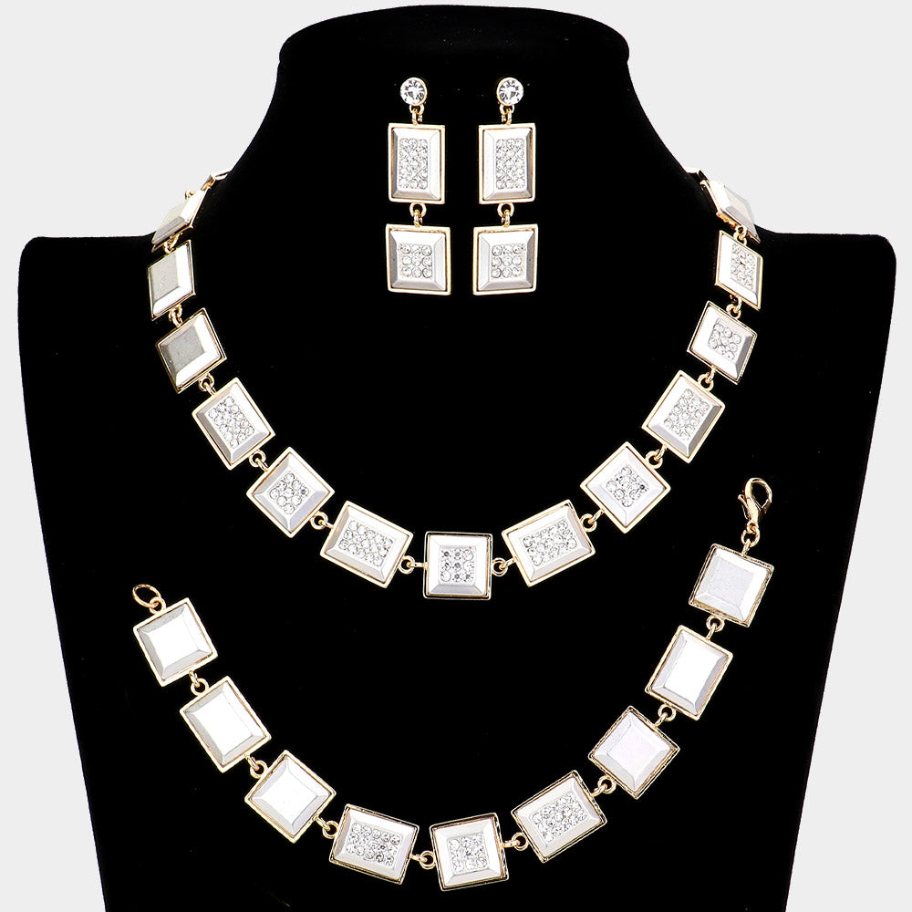 Two Tone 3PCS  Rhinestone Embellished Square Rectangle Link Necklace Jewelry Set