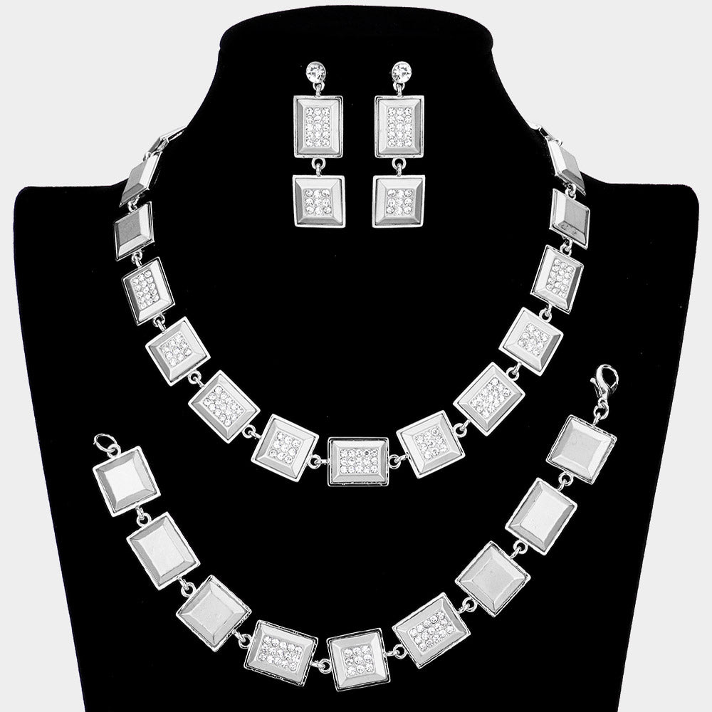 Silver 3 Piece Rhinestone Embellished Square Rectangle Link Necklace Jewelry Set