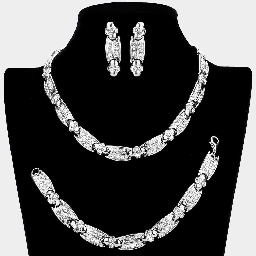 Silver 3 Piece Rhinestone Embellished Metal Link Necklace Jewelry Set