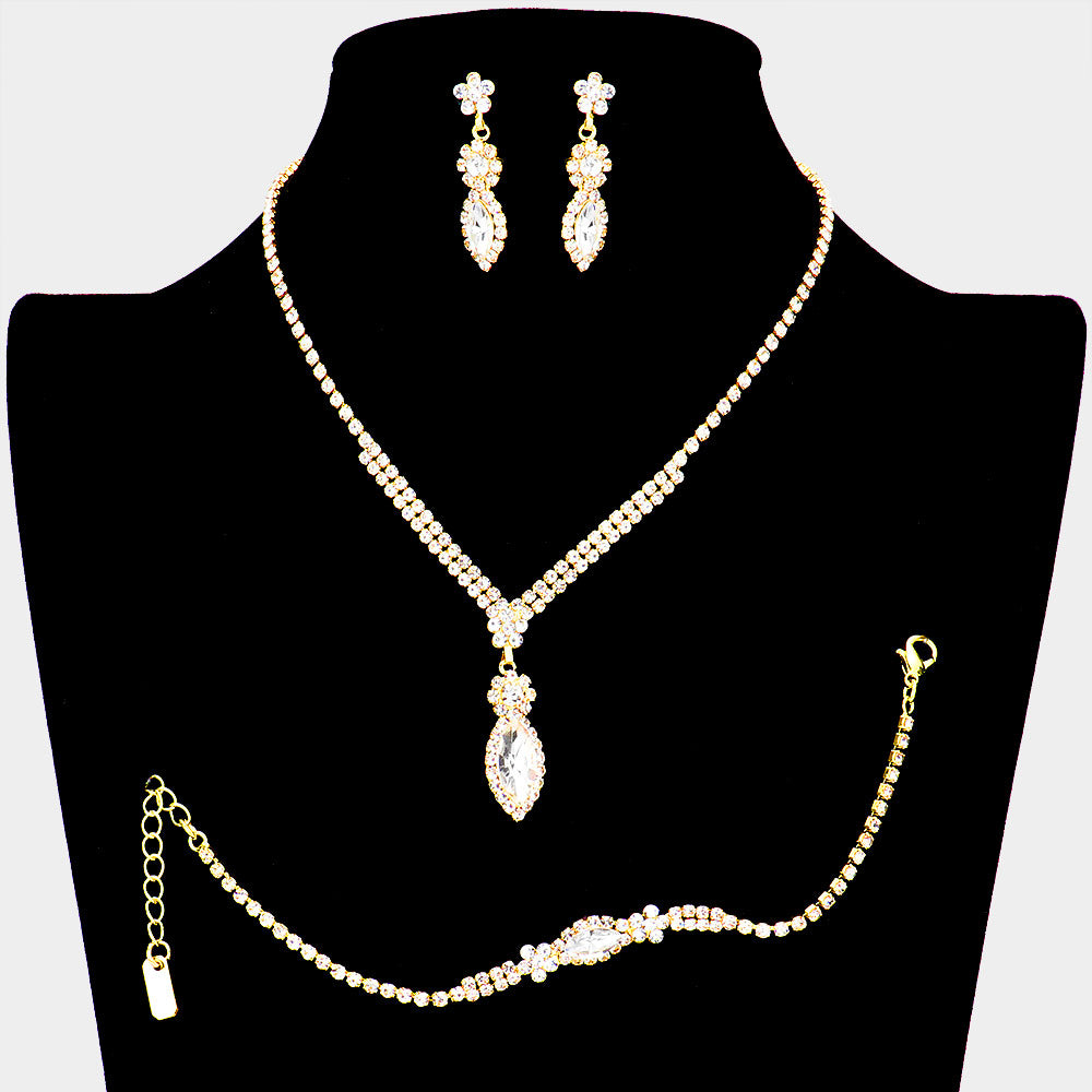 Gold 3 Piece Marquise Stone Accented Rhinestone Necklace Jewelry Set