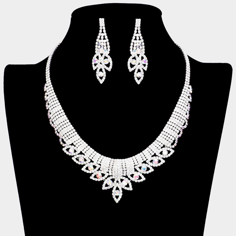 Silver Round Stone Marquise Accented Collar Necklace Rhinestone Paved