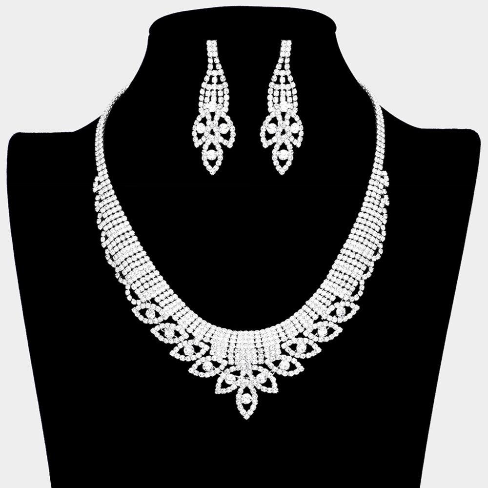 Silver Round Stone Marquise Accented Collar Necklace Rhinestone Paved