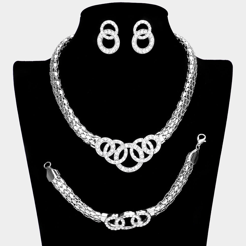 Silver 3 Piece Open Circle Necklace Jewelry Set Rhinestone Paved