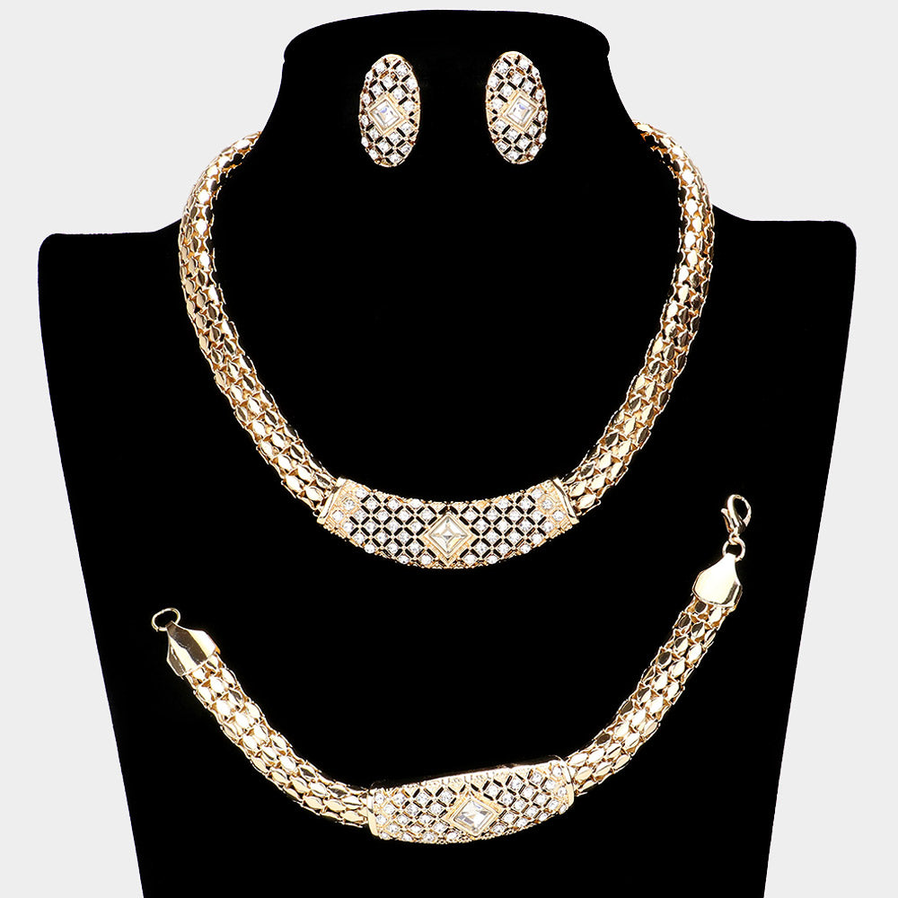 Gold 3 Piece Metal Chain Necklace Jewelry Set Rhinestone Paved