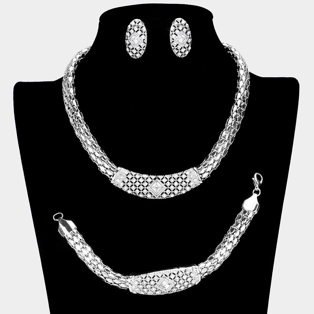 Silver 3 Piece Metal Chain Necklace Jewelry Set Rhinestone Paved