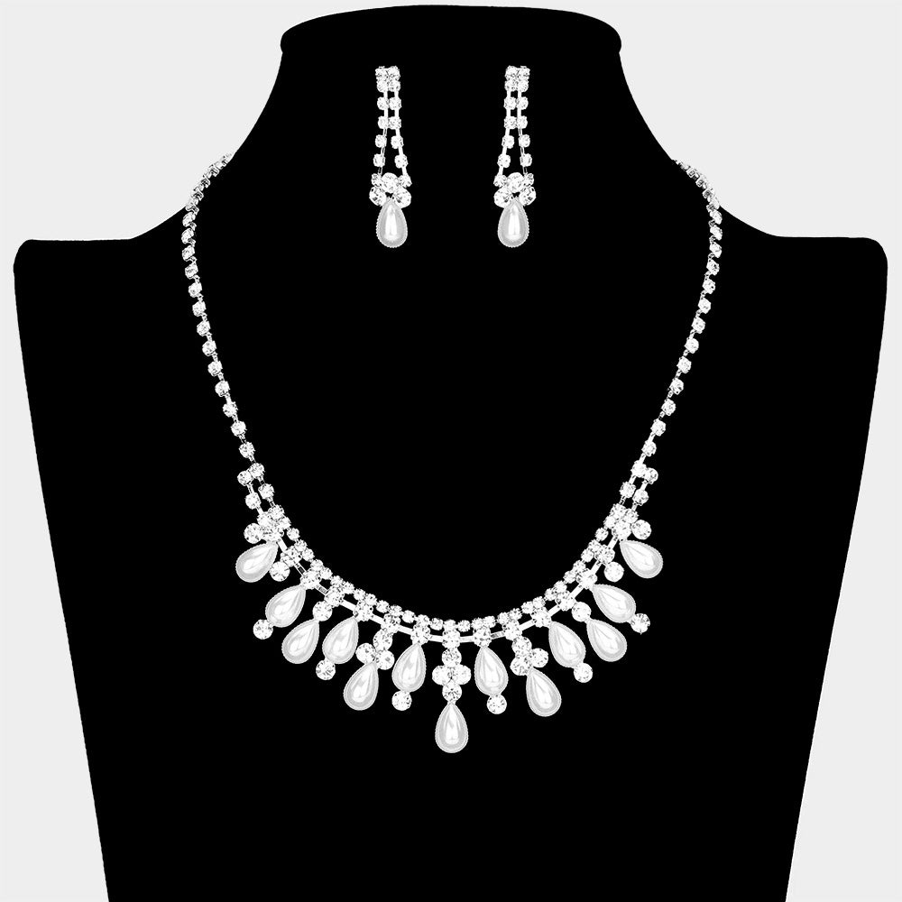 White Teardrop Pearl Necklace Rhinestone Paved