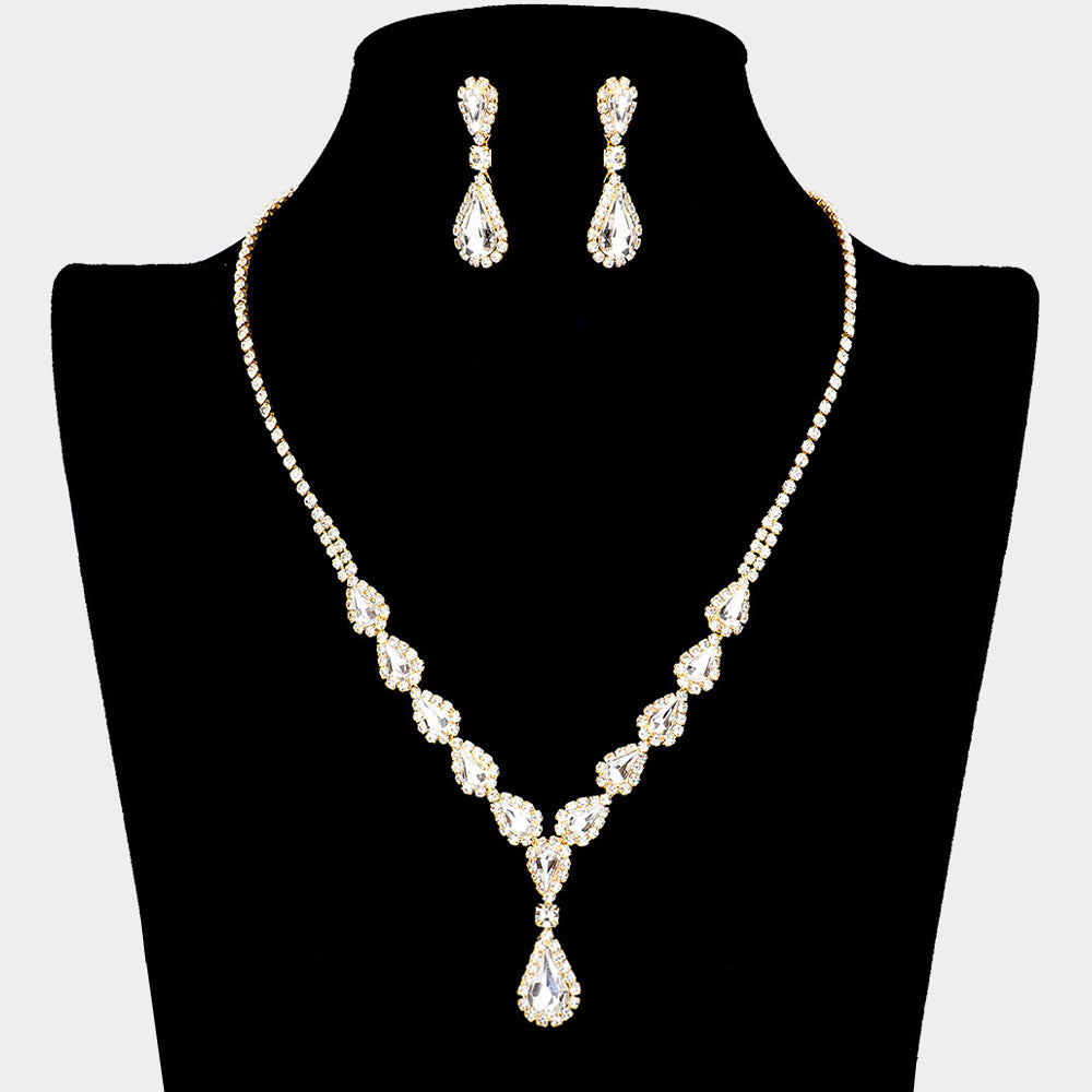 Gold Teardrop Stone Pointed Y Shaped Necklace Rhinestone Paved