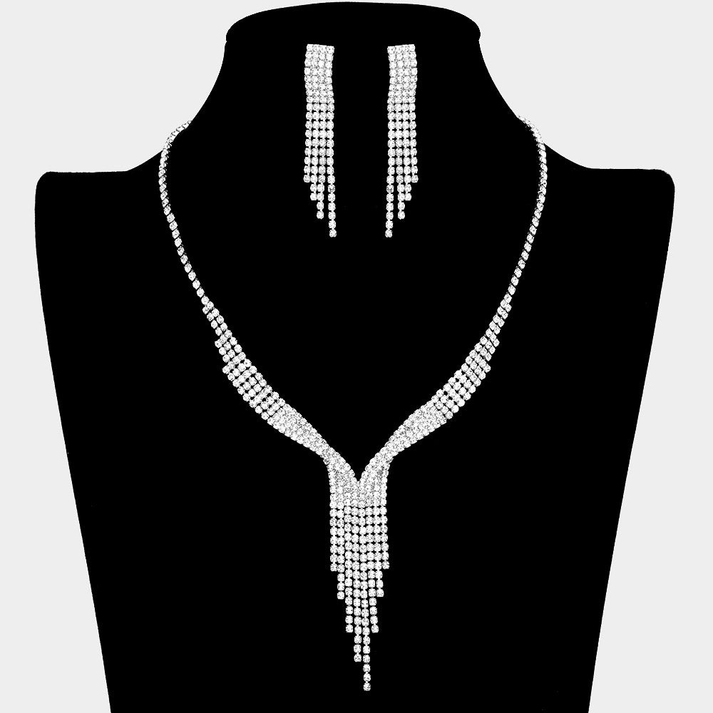 Silver Fringe Y Shaped Necklace Rhinestone Paved