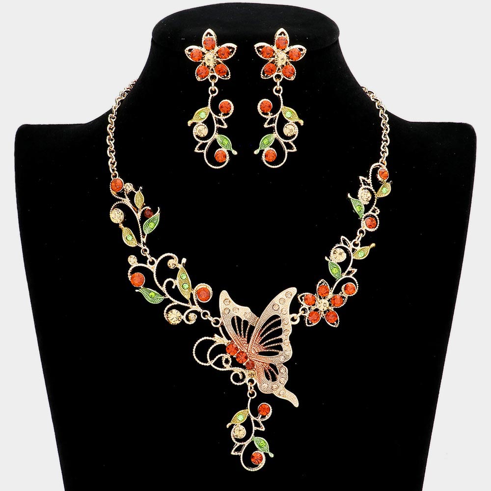 Gold Butterfly Accented Flower Rhinestone Necklace