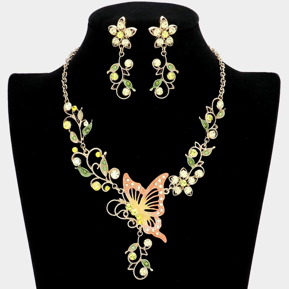 Yellow Butterfly Accented Flower Rhinestone Necklace