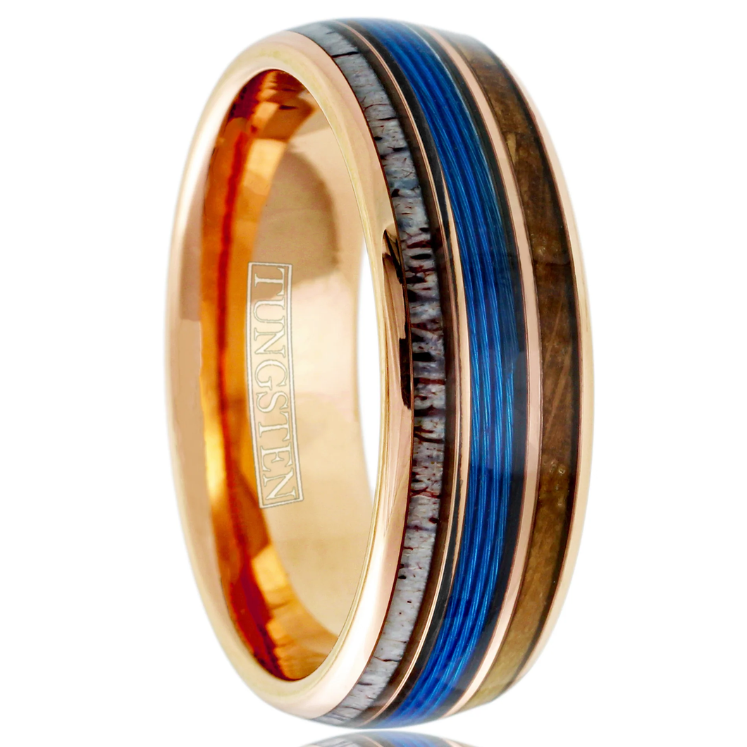 Men's Wedding Band Rings - Rose Fishing Line, Whiskey Barrel, Antler Design - Wedding Rings for Men and Women