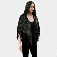 Load image into Gallery viewer, Gray Hooded Fur Open Poncho with Suede Fringes
