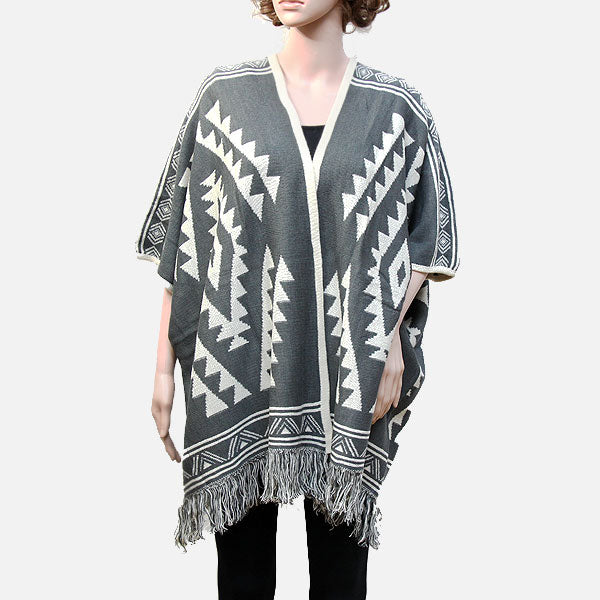 Gray Tribal Fringe Acrylic Poncho