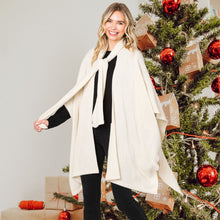 Load image into Gallery viewer, Ivory Attached Scarf Solid Cape Poncho with Neckline Tie
