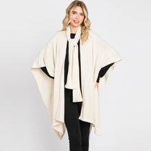 Load image into Gallery viewer, Ivory Attached Scarf Solid Cape Poncho with Neckline Tie
