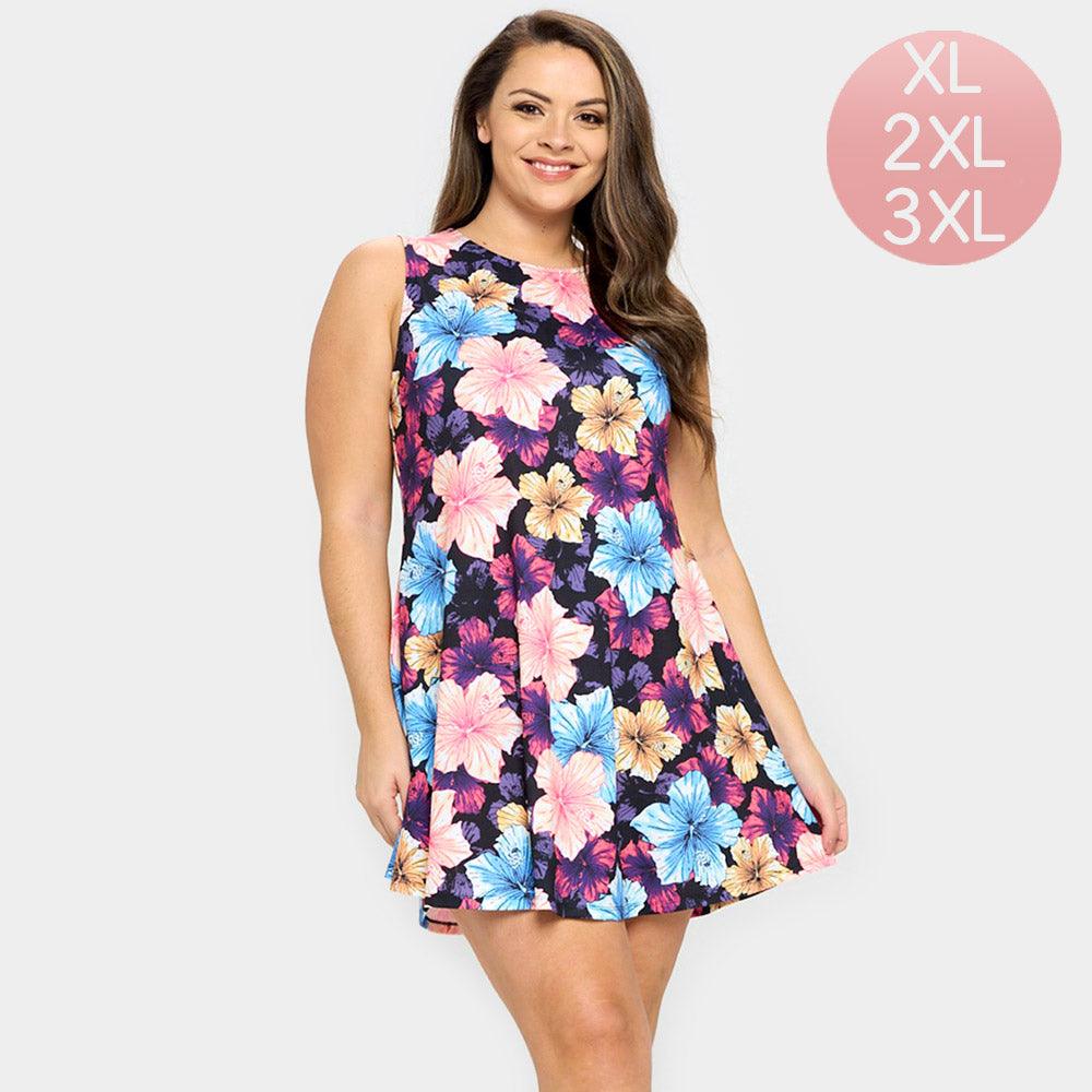 Black Hibiscus Flower Patterned A-Line Dress