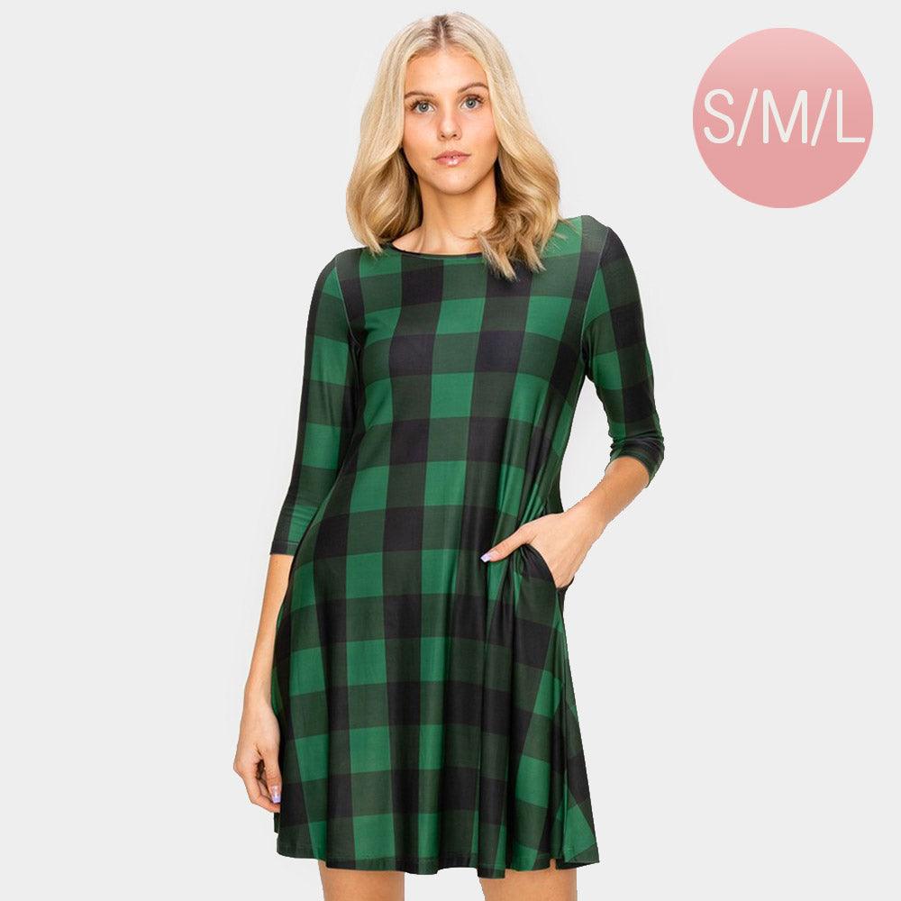 Green Christmas Plaid Check A-Line Dress