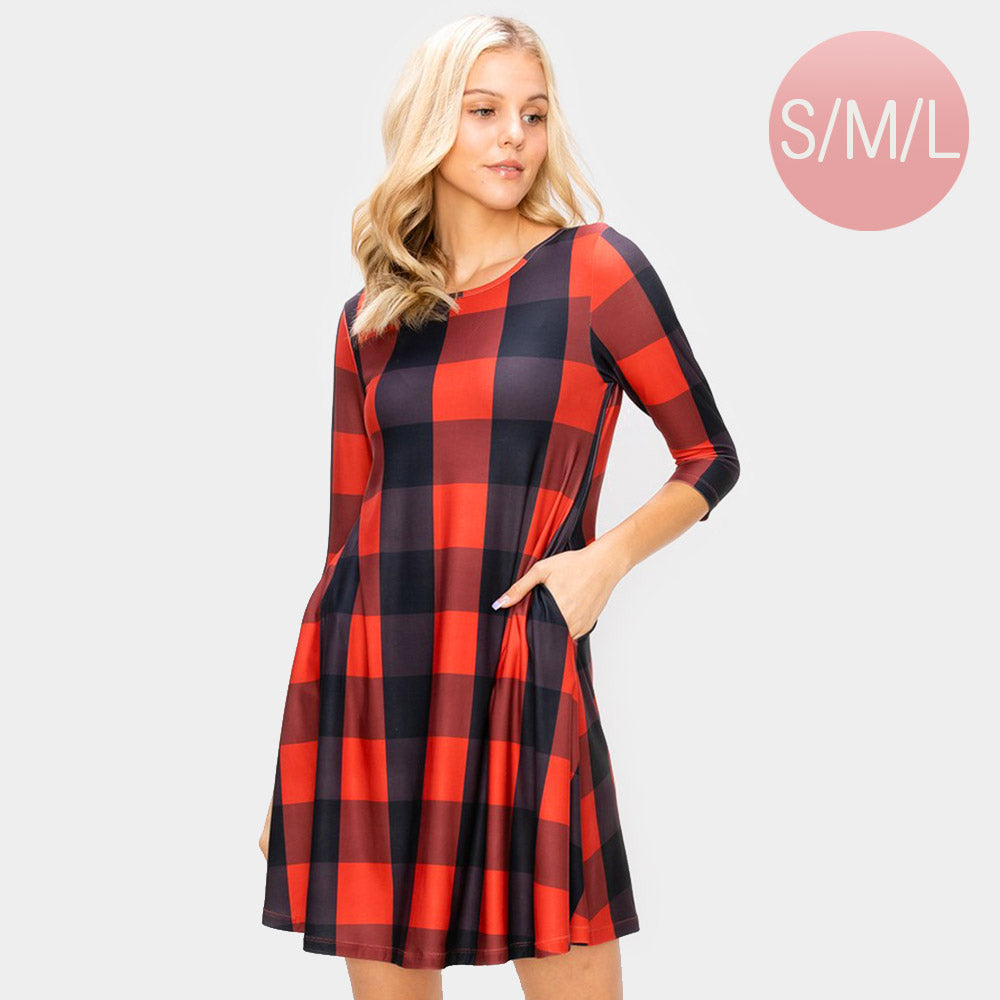 Red Christmas Plaid Check A-Line Dress