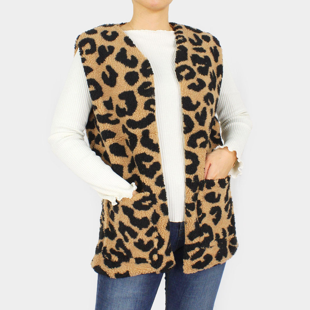 Taupe Leopard Patterned Sherpa Pocket Vest