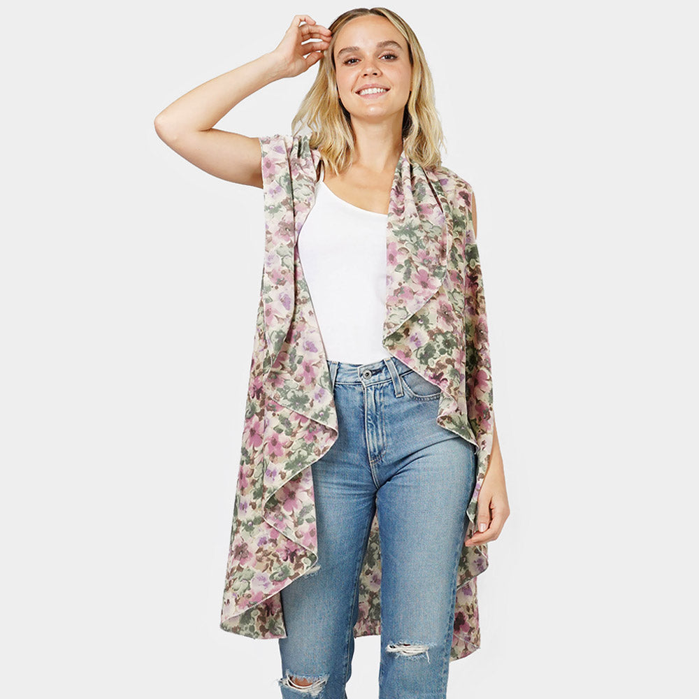 Taupe Flower Printed Round Vest