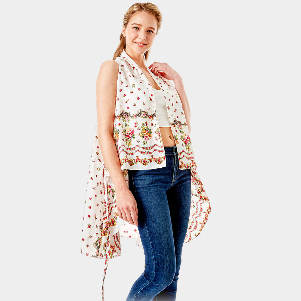 White Flower Pattern Print Cover Up Vest