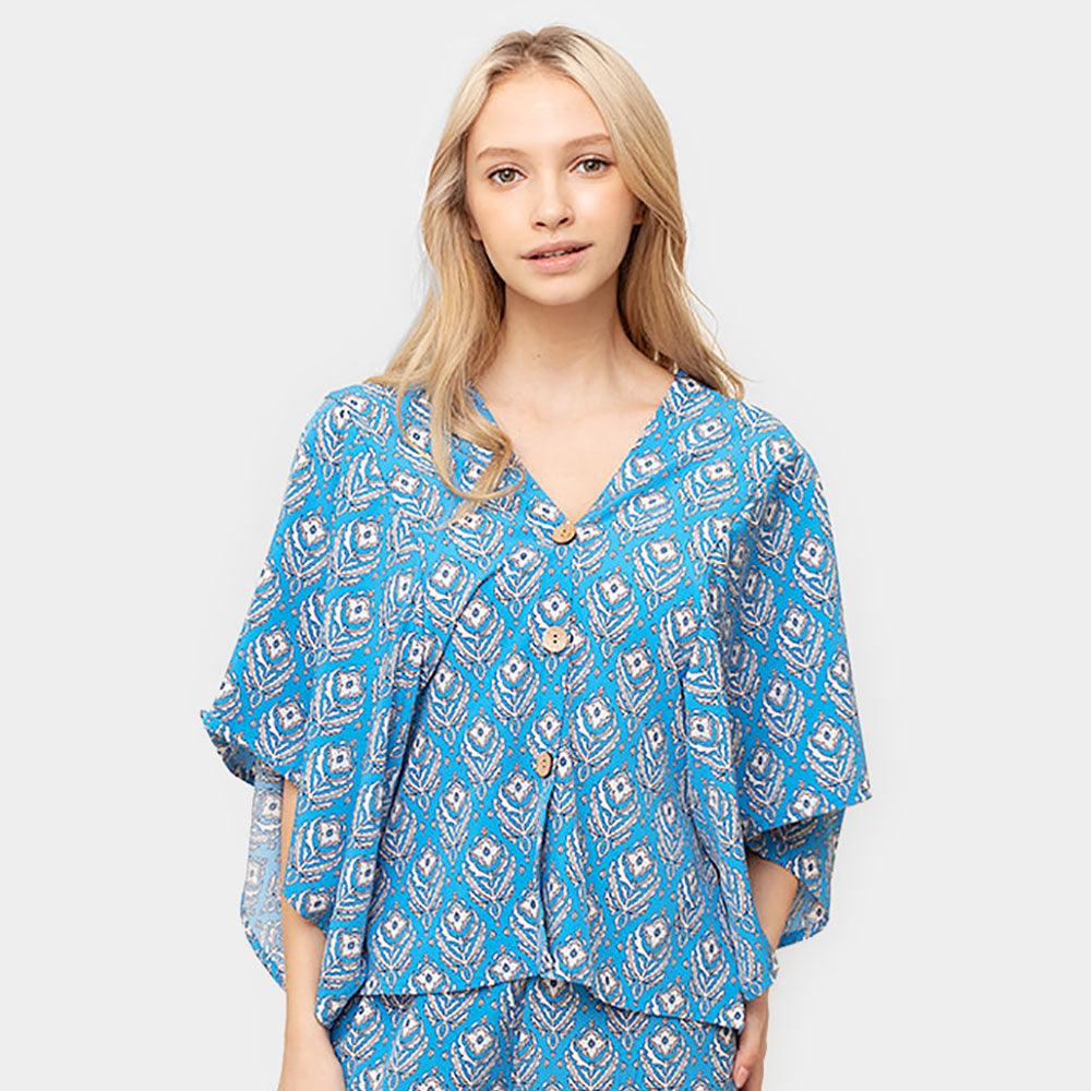 Blue Floral Print Button Down Kimono Poncho