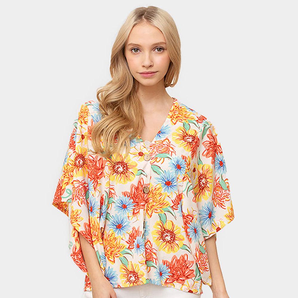 Ivory Floral Print Button Down Kimono Poncho