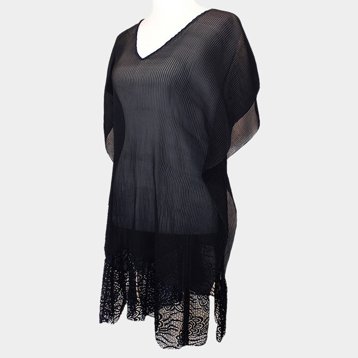 Black Floral Lace Texturized Long Poncho