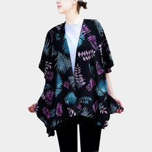 Load image into Gallery viewer, Black Tropical Print Ruffle Detail Open Poncho
