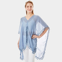 Load image into Gallery viewer, Blue Tassel Trimmed Solid Cover Up
