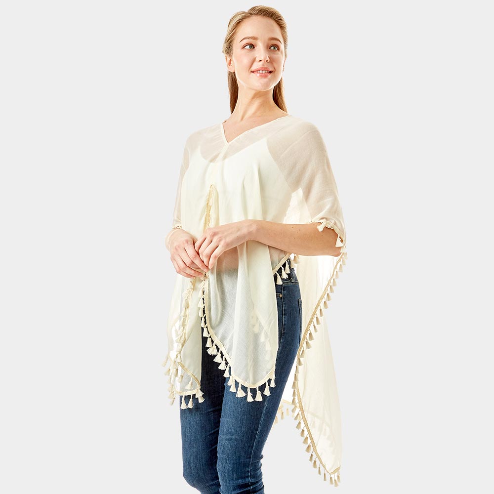 Ivory Tassel Trimmed Solid Cover Up