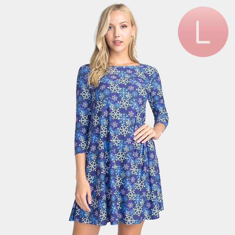 Blue Snowflake Patterned A-Line Dress