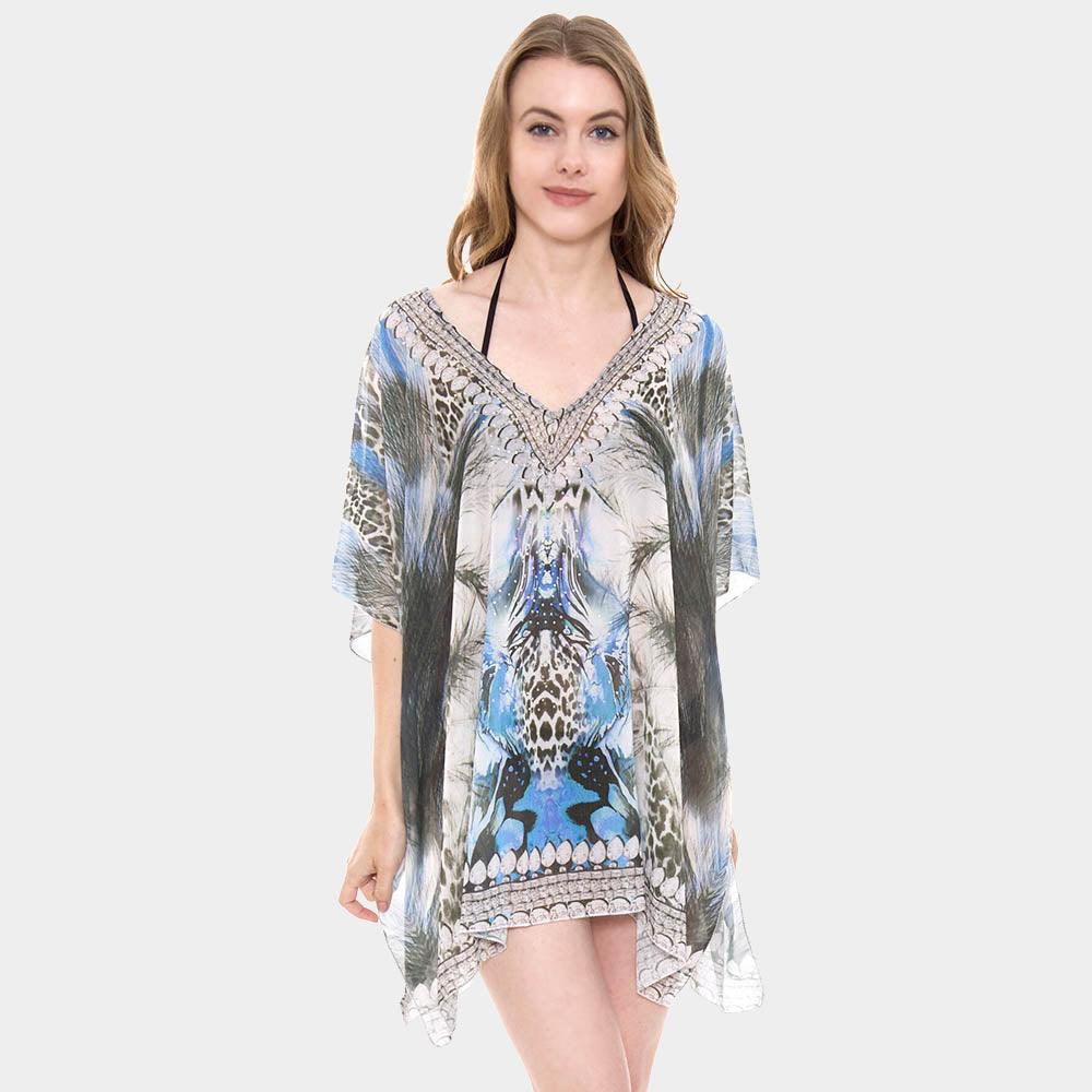 Blue Mixed Print Rhinestone Studded Topper Cover Up Poncho