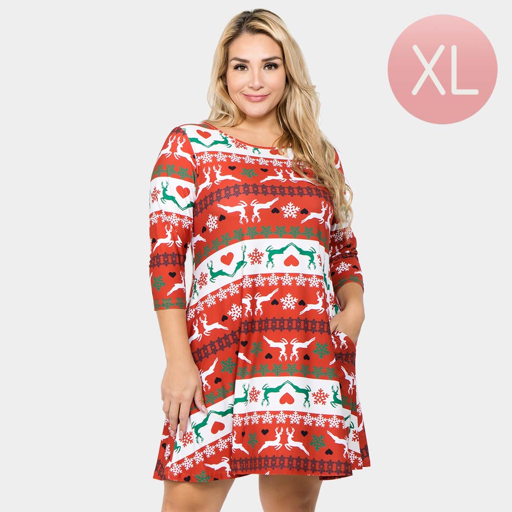 Red Fair Isle Reindeer Patterned A-Line Dress