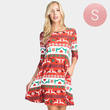 Load image into Gallery viewer, Red Fair Isle Reindeer Patterned A-Line Dress
